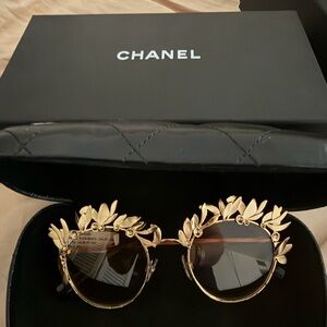 CHANEL Gold Leaf Round Sunglasses with Black Lenses